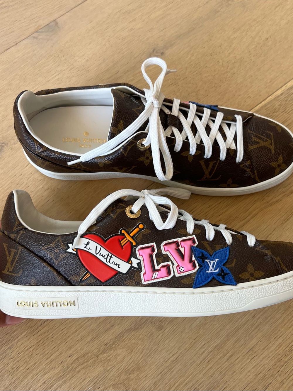 Louis Vuitton Brown Monogram Sneakers with Pink & Blue Patches